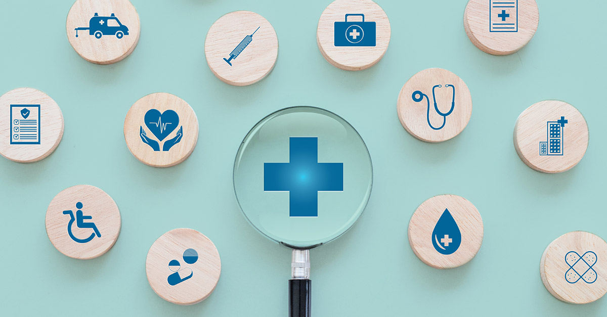 Healthcare compliance concept showing medical icons around a magnifying glass, symbolizing Stark Law and Anti-Kickback Statute oversight in physician arrangements.