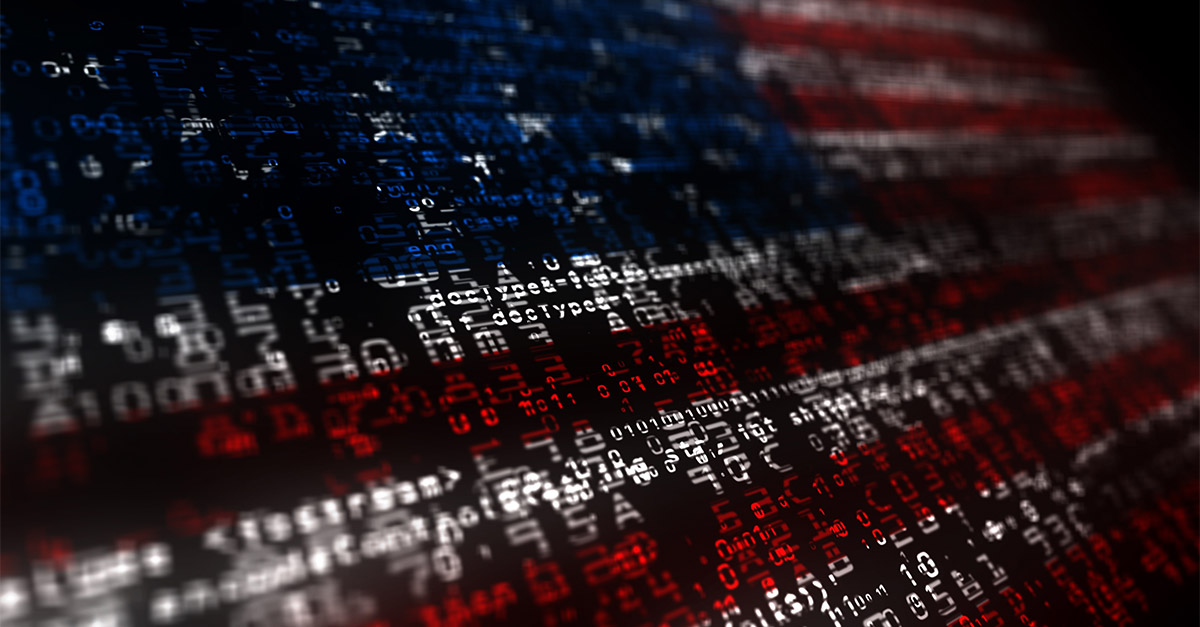 U.S. flag with digital code overlay symbolizing cybersecurity threats and national defense risks