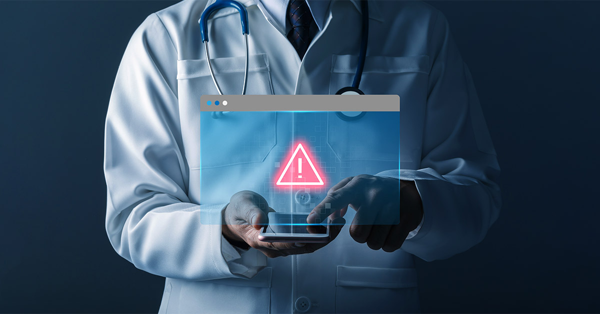 Healthcare professional reviewing mobile security alert representing HIPAA compliance and data protection challenges