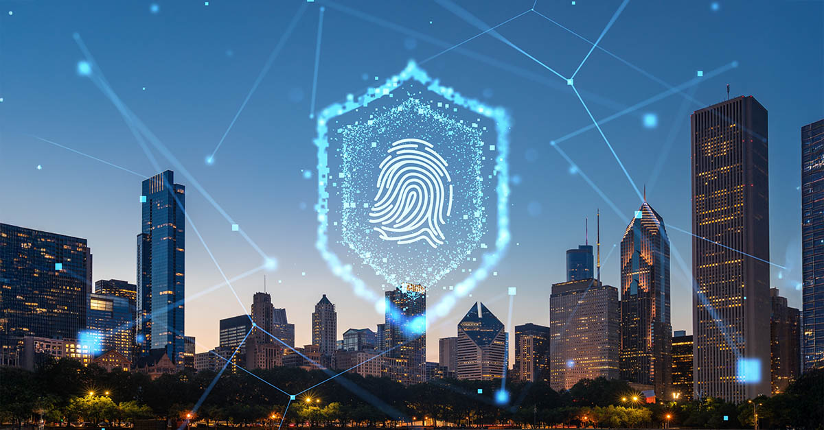 Illustration of ISO 27001 certification shield overlaying network/information security graphics