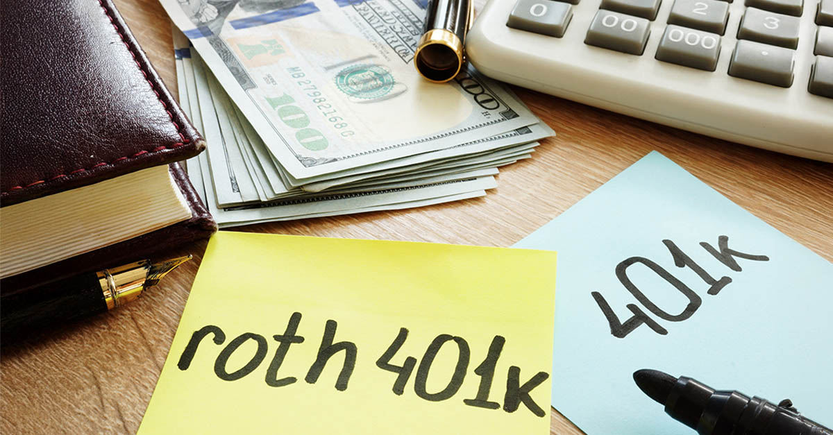 Roth 401(k) and 401k notes beside cash, calculator, and pen representing retirement catch-up contribution planning