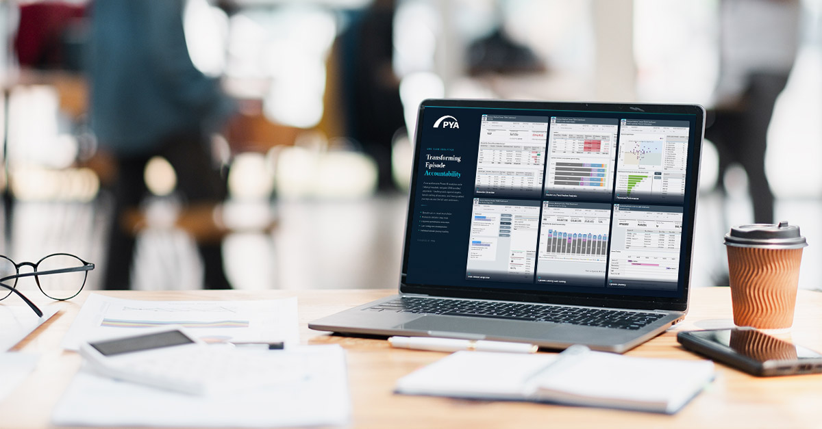 Laptop displaying the PYA TEAM Dashboard used to analyze CMS TEAM episode cost and physician performance data