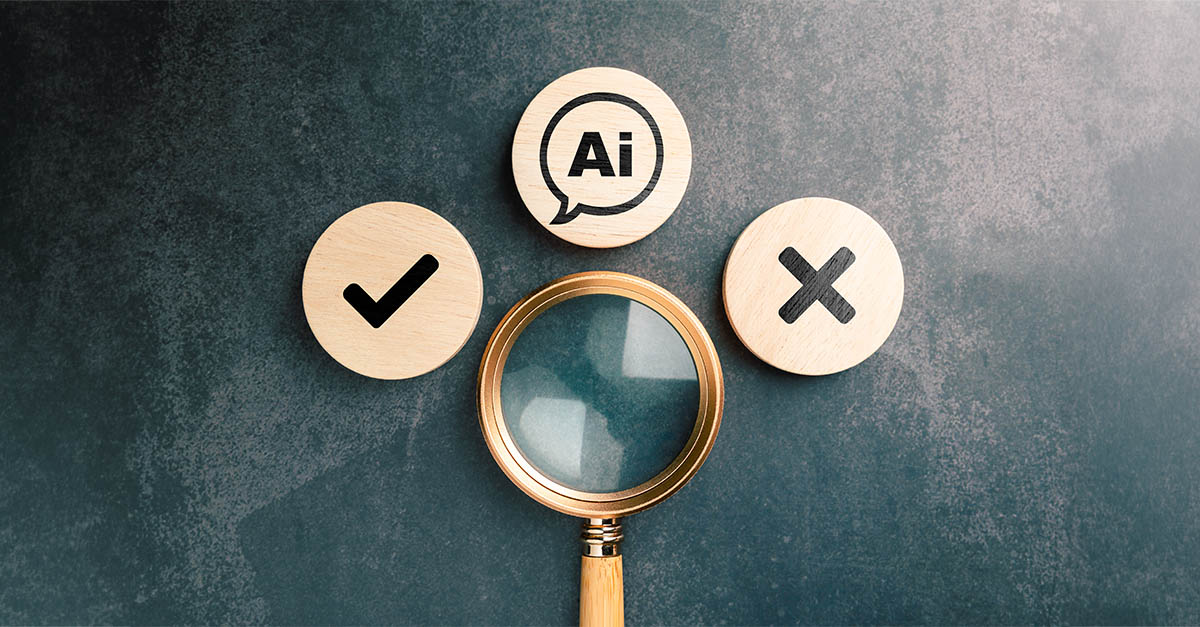 Magnifying glass examining AI symbol with check and X icons representing oversight and risk evaluation of AI tools