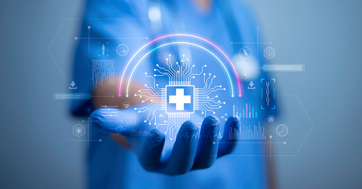 Digital healthcare AI interface with medical data and security graphics representing artificial intelligence, HIPAA compliance, and healthcare privacy protections