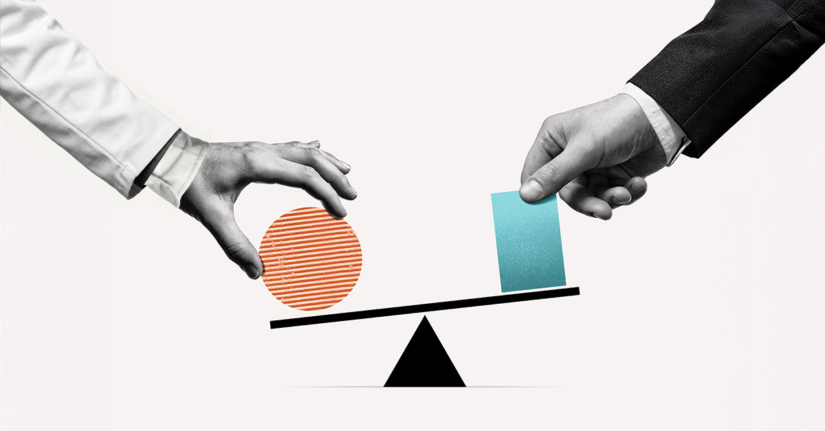 Balance scale graphic representing fair market value and commercial reasonableness considerations in physician compensation and hospital employment agreements