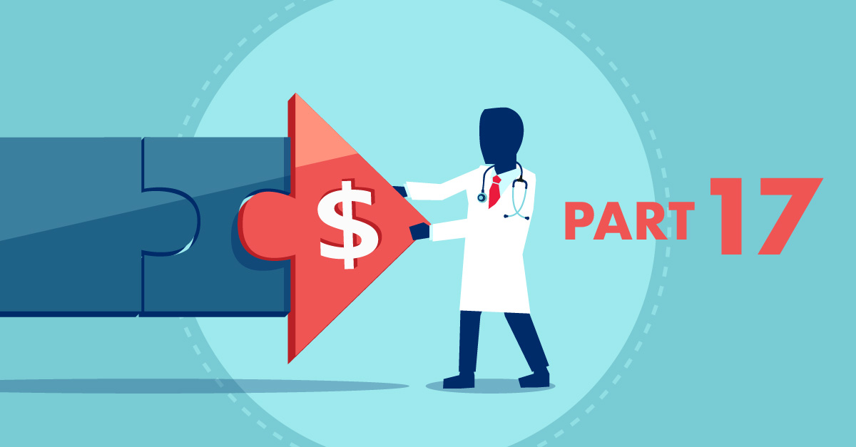 Illustration of healthcare provider fitting a dollar-sign puzzle piece into place, representing Medicare hospice payment and reimbursement policy