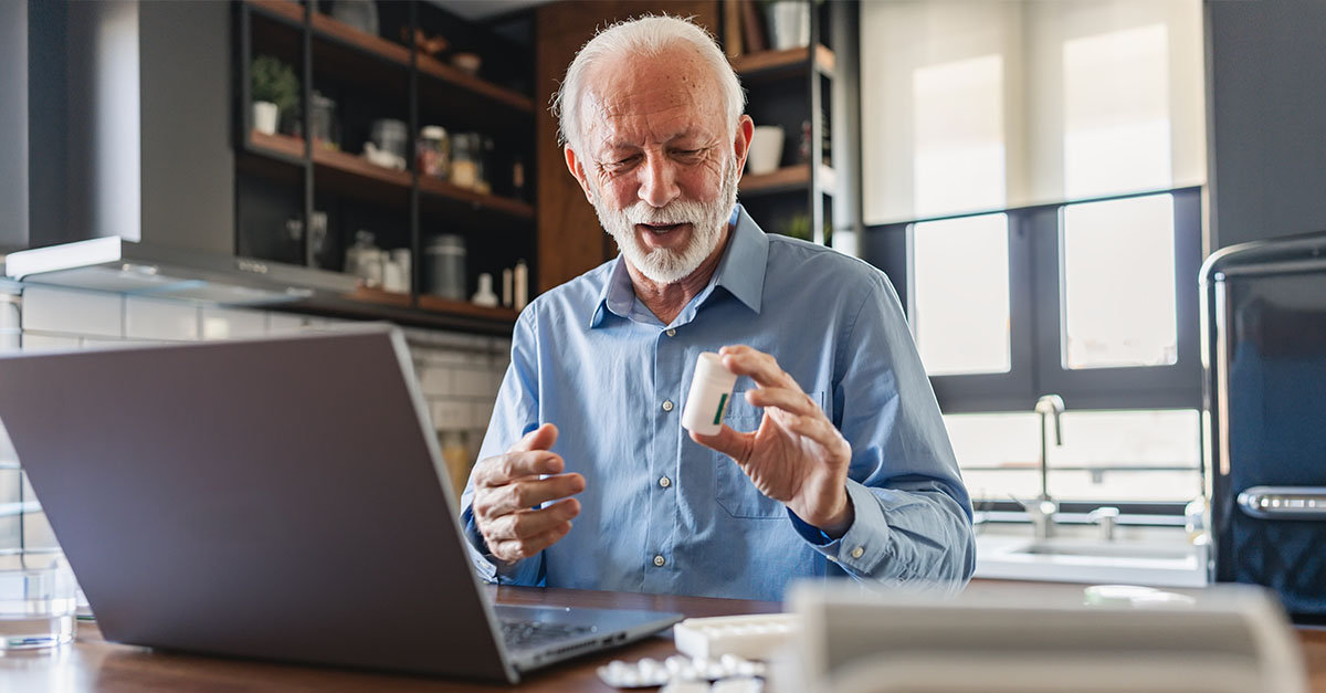 Senior Medicare patient participating in a telehealth appointment from home, representing virtual care services and Medicare telehealth coverage extensions through 2027