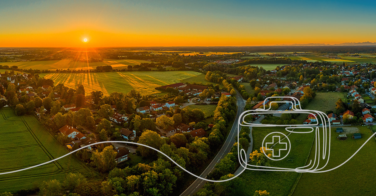 Rural community landscape with medical bag icon representing the Rural Health Transformation Program (RHTP), rural healthcare funding, and healthcare access