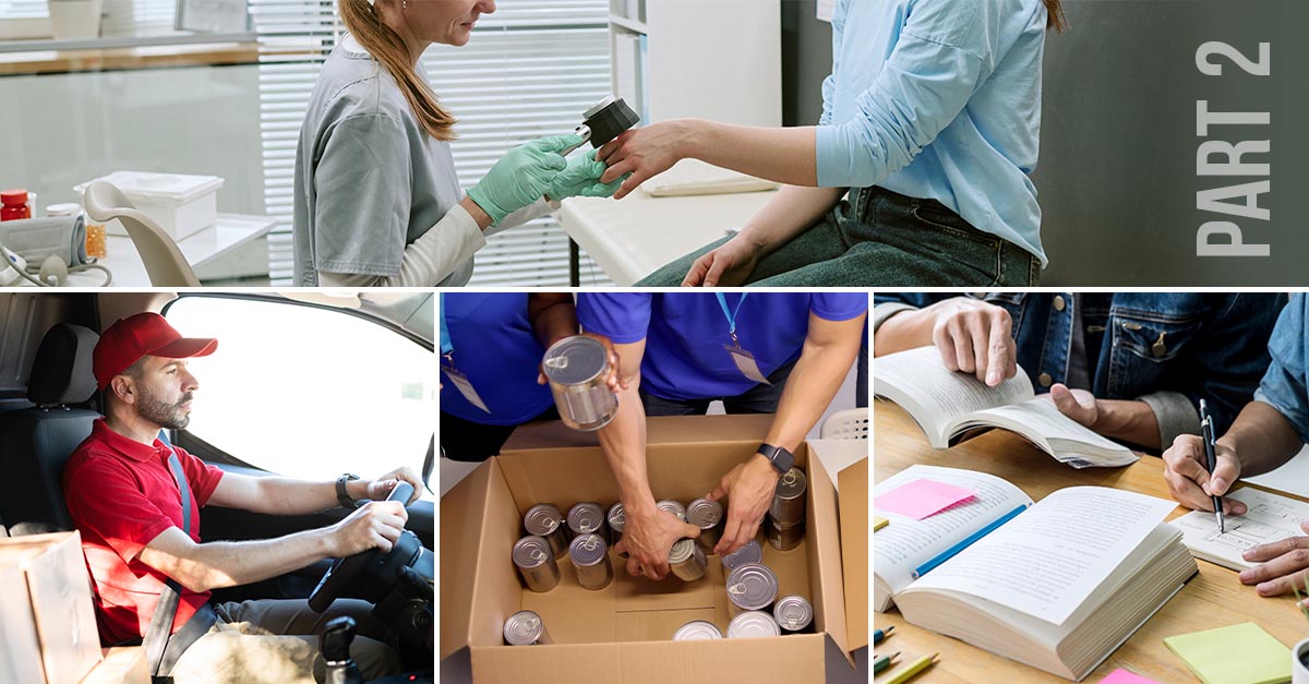 Collage illustrating Medicaid community engagement requirements for providers in non-impacted and limited-impact states, highlighting healthcare, employment, education, and community service