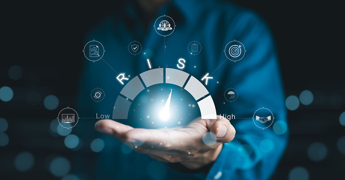 Enterprise risk assessment gauge representing organizational risk identification, prioritization, monitoring, and enterprise risk management
