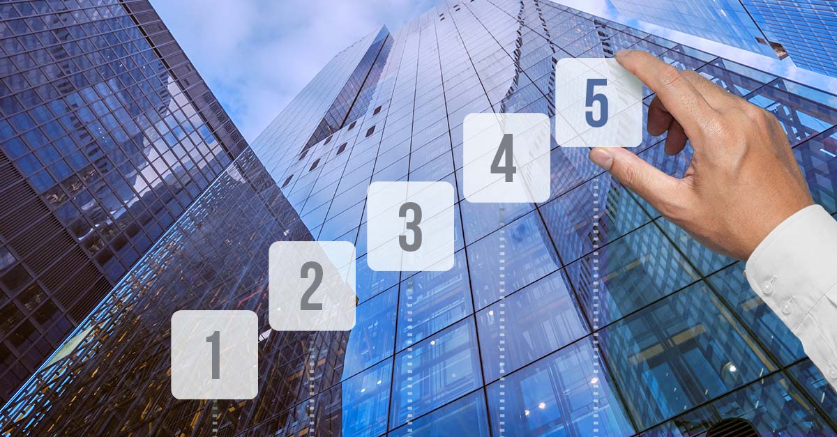Five-step progression against financial buildings representing proposed FFIEC CAMELS rating changes and financial institution regulatory examinations