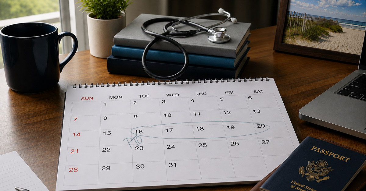 Calendar marked for PTO beside a stethoscope, medical books, laptop, coffee mug, passport, and beach photo