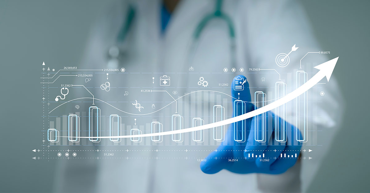 Healthcare professional with data visualization representing clinical research operations and performance