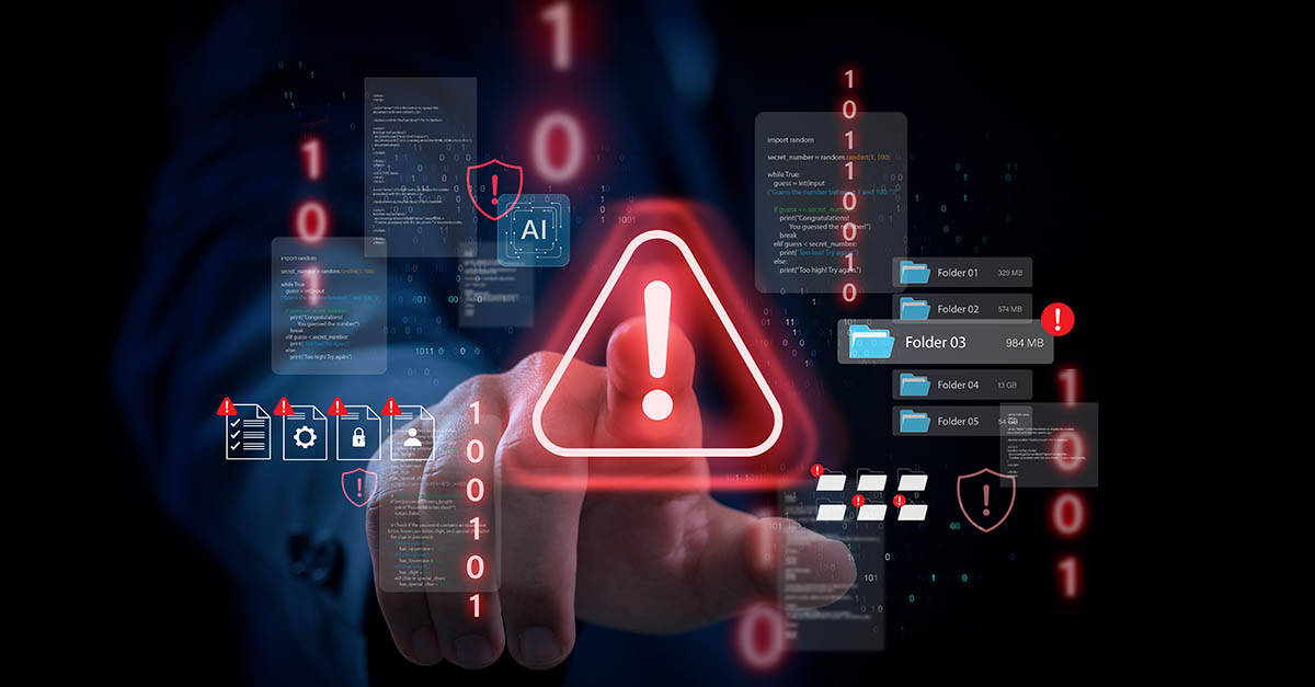 Person interacting with digital warning symbols, files, and security alerts