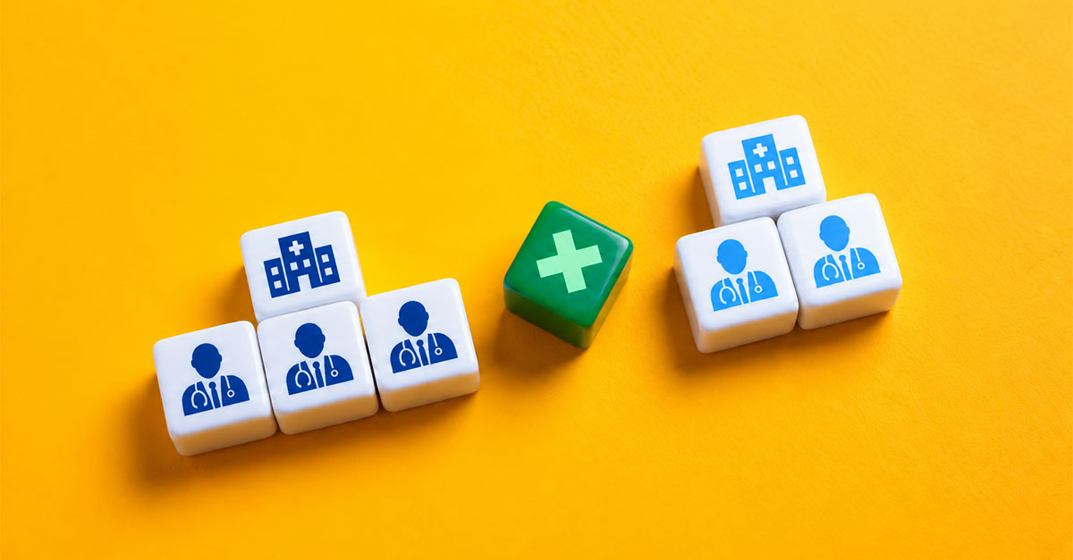 Healthcare organization and physician icons representing healthcare transaction due diligence