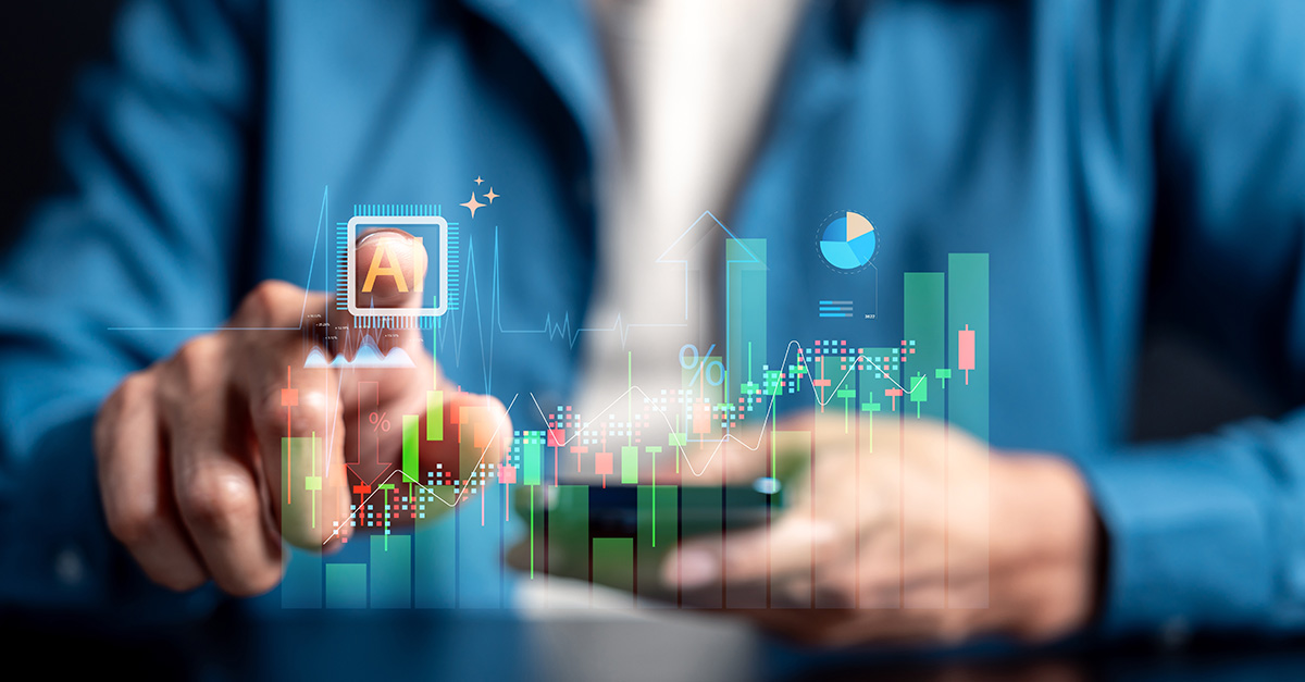 Healthcare professional using a tablet with AI and financial data graphics, representing AI-enabled healthcare compensation valuation