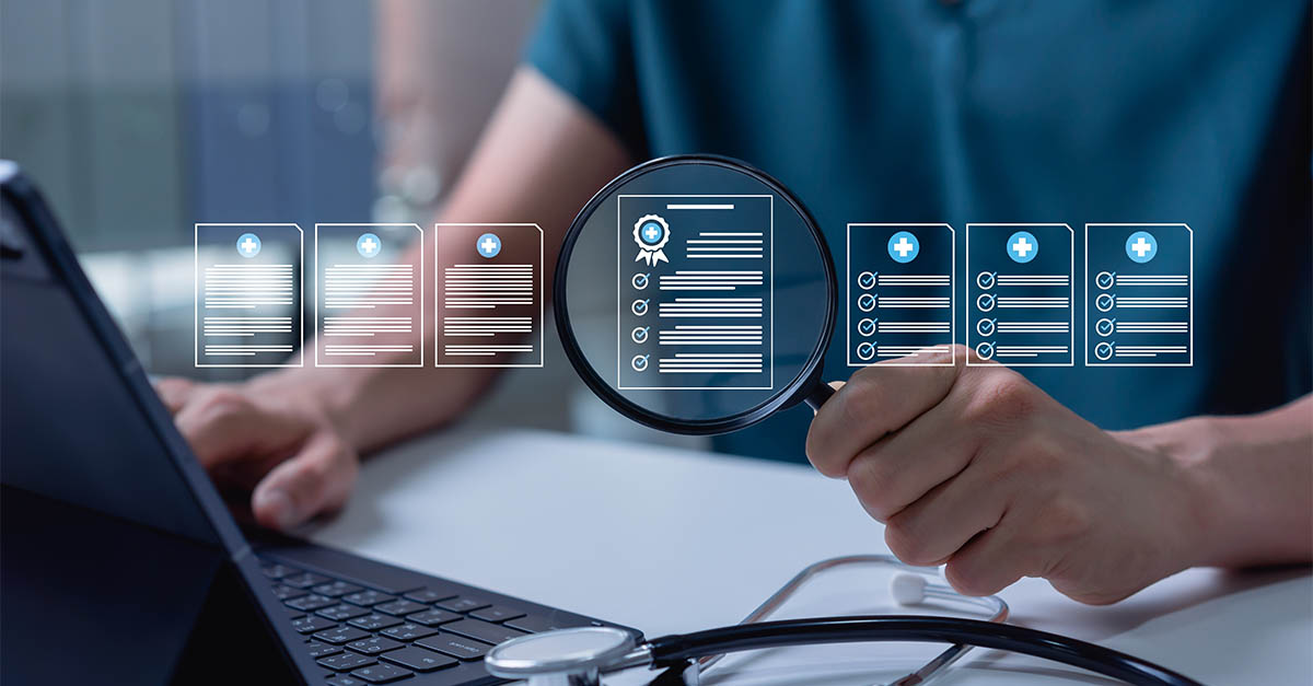 Healthcare professional reviewing digital compliance checklists with a magnifying glass, representing CMS exclusion screening and regulatory compliance oversight.
