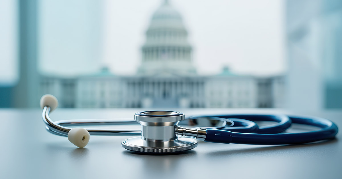 Stethoscope in front of the U.S. Capitol building, representing federal healthcare fraud enforcement and regulatory compliance.