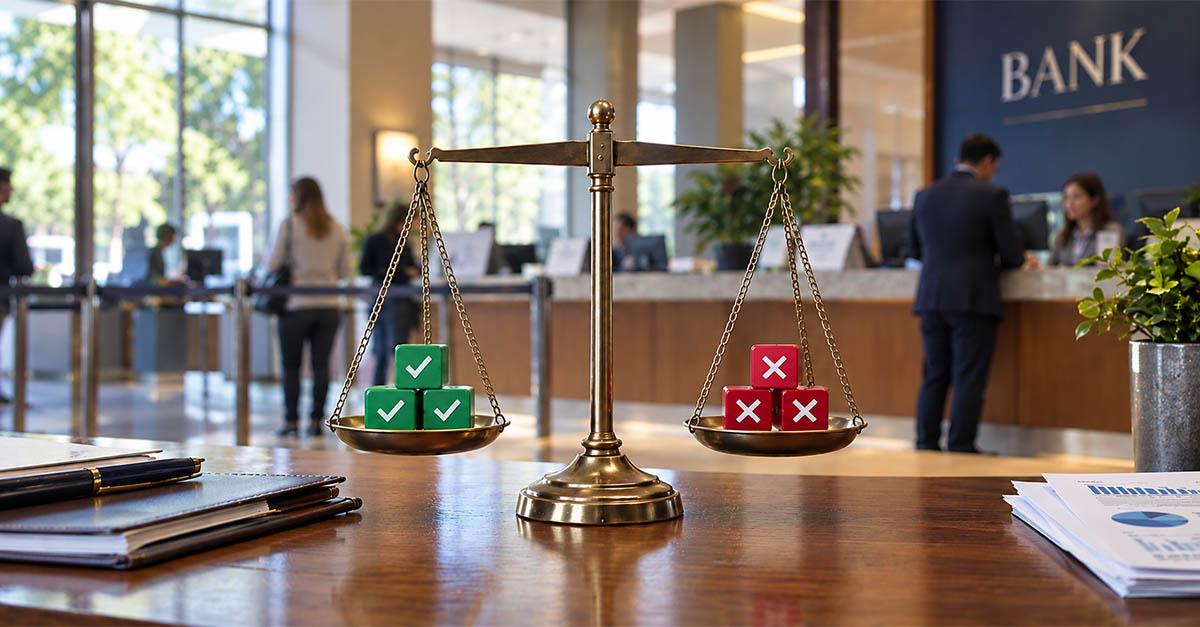 Balance scale with checkmarks and X symbols inside a bank, illustrating the pros and cons of proposed changes to FDIC deposit insurance coverage.