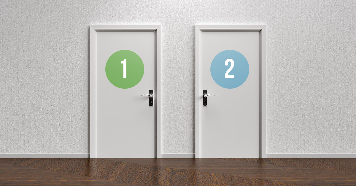 Two doors labeled 1 and 2, illustrating the choice between SOC 1 and SOC 2 reports for financial reporting controls and information security.